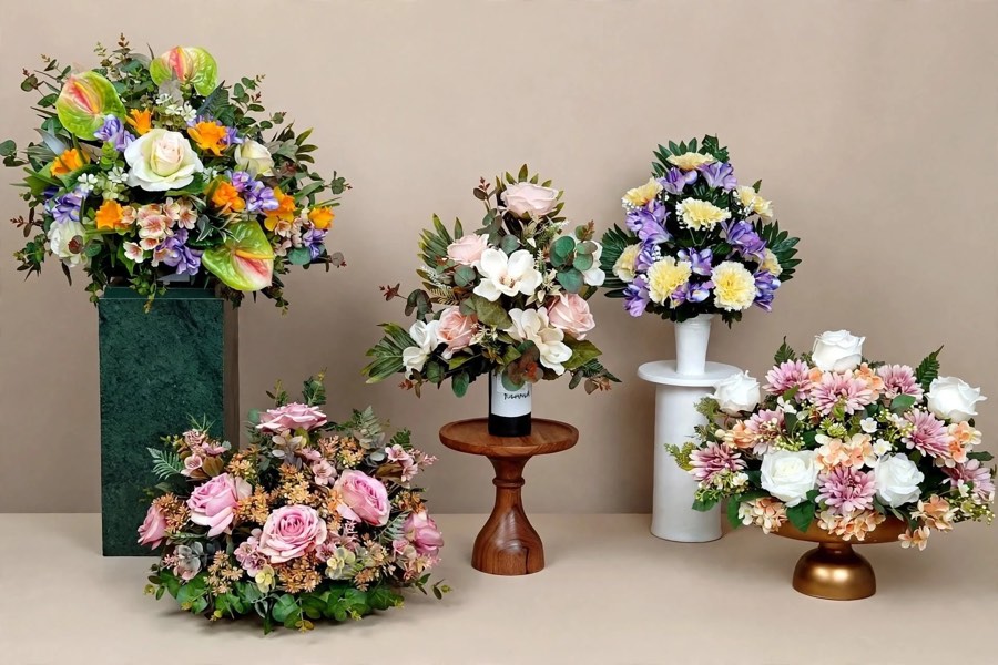 Cinco centros de flor artificial en tonos pastel: rosas, magnolias, anturios y claveles